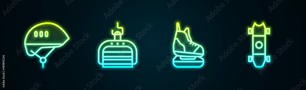 Set line Bicycle helmet, Ski lift, Skates and Longboard or skateboard. Glowing neon icon. Vector Set line Bicycle helmet, Ski lift, Skates and Longboard or skateboard. Glowing neon icon. Vector