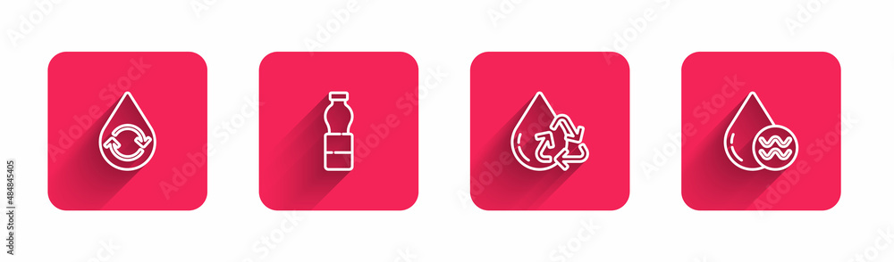 Set line Recycle clean aqua, Bottle of water, and with long shadow. Red square button. Vector Set line Recycle clean aqua, Bottle of water, and with long shadow. Red square button. Vector