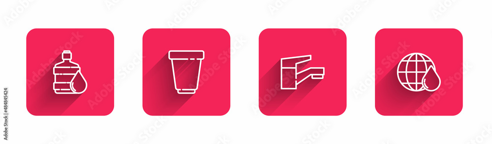 Set line Big bottle with clean water, Water filter cartridge, tap and Earth planet in drop with long shadow. Red square button. Vector Set line Big bottle with clean water, Water filter cartridge, tap and Earth planet in drop with long shadow. Red square button. Vector