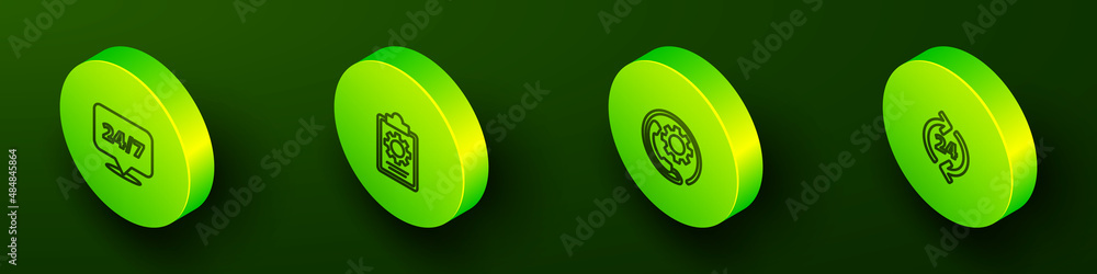 Set Isometric line Clock 24 hours, Checklist with service, Telephone support and icon. Vector Set Isometric line Clock 24 hours, Checklist with service, Telephone support and icon. Vector