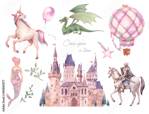 Fairy tale set. Baby girl cartoon clipart  castle  unicorn  dragon  knight  mermaid