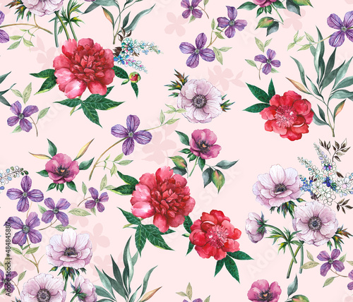 Bright feminine watercolor botanical floral fashionable stylish pattern with peony and anemone flowers on a light pink background.