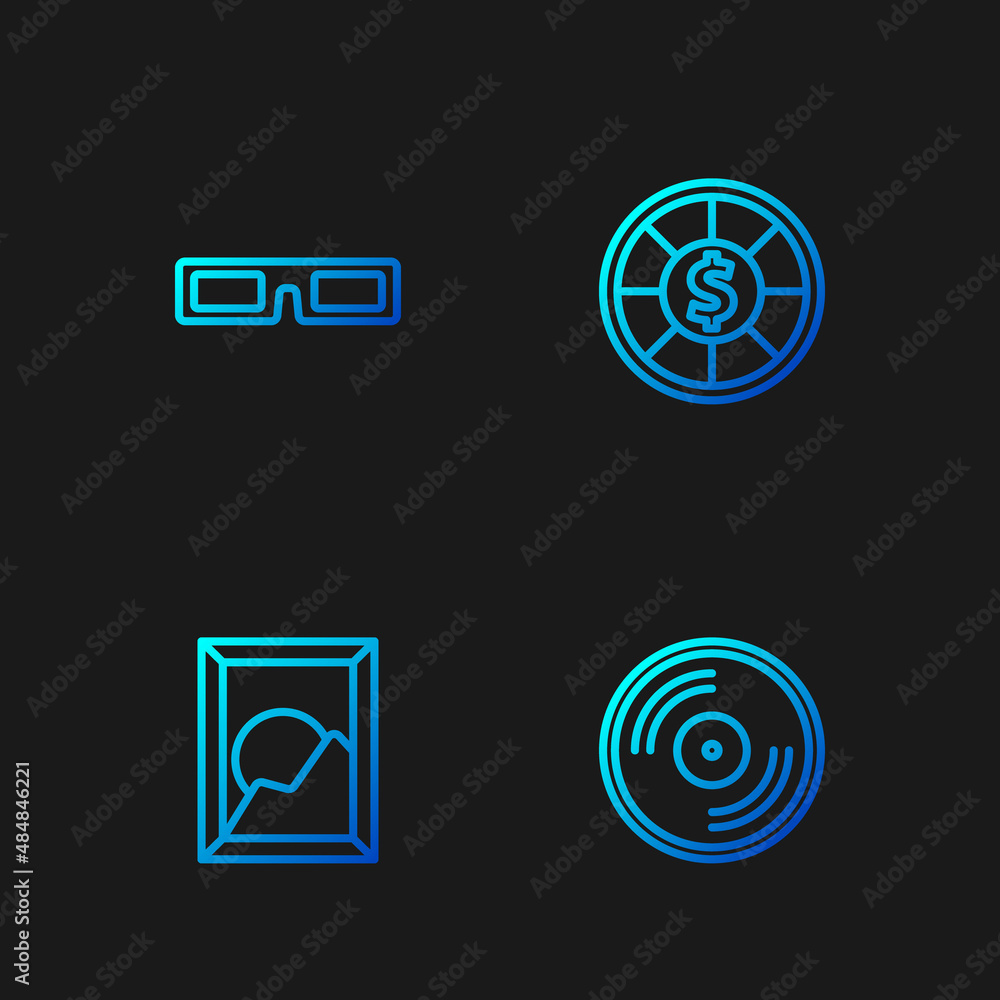 Set line Vinyl disk, Picture landscape, Cinema glasses and Casino chips. Gradient color icons. Vector Set line Vinyl disk, Picture landscape, Cinema glasses and Casino chips. Gradient color icons. Vector