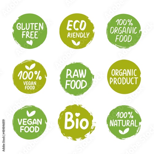 Bio green labels. Organic eco logo set. Vector ecology round banners or stickers