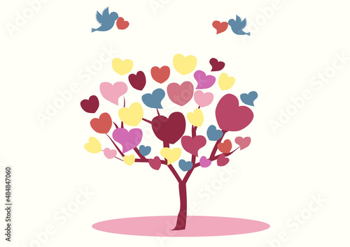 A tree made of hearts brought by a bird. For valentines, weddings, welfare, etc. Vector illustration