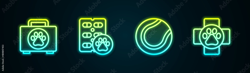 Set line Pet first aid kit, Dog pill, Tennis ball and Veterinary clinic. Glowing neon icon. Vector Set line Pet first aid kit, Dog pill, Tennis ball and Veterinary clinic. Glowing neon icon. Vector