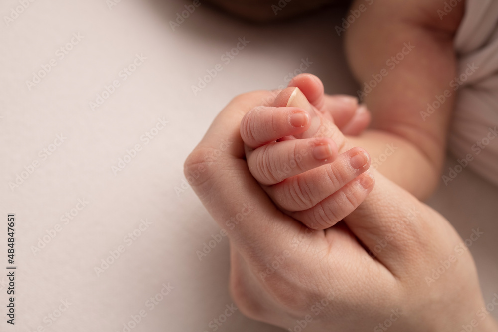 The hand of a sleeping newborn in the hand of mother and father close-up. Tiny fingers of a newborn. The family is holding hands. Studio macro photography. Concepts of family and love. The hand of a sleeping newborn in the hand of mother and father close-up. Tiny fingers of a newborn. The family is holding hands. Studio macro photography. Concepts of family and love.