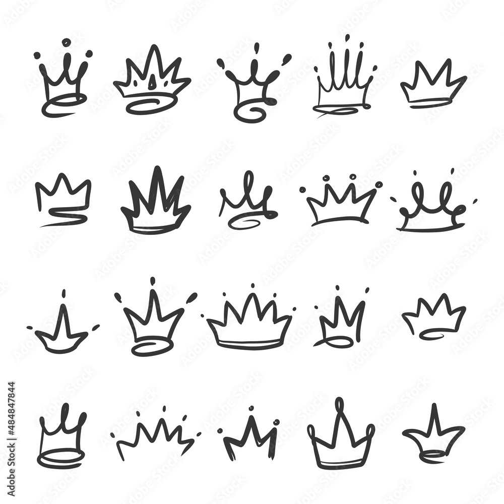 Doodle king queen crown. Hand drawn logo black set. Vector kingdom sketch concept. Doodle king queen crown. Hand drawn logo black set. Vector kingdom sketch concept.