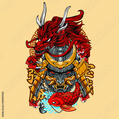 shogun dragon mask mascot cartoon in vector