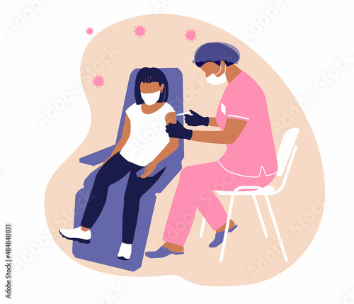 A masked nurse in a medical suit, gloves, mask gives an injection of a vaccination for immunization coronavirus to a teenager girl. Protection the spread of covid 19. The use of vaccines for children