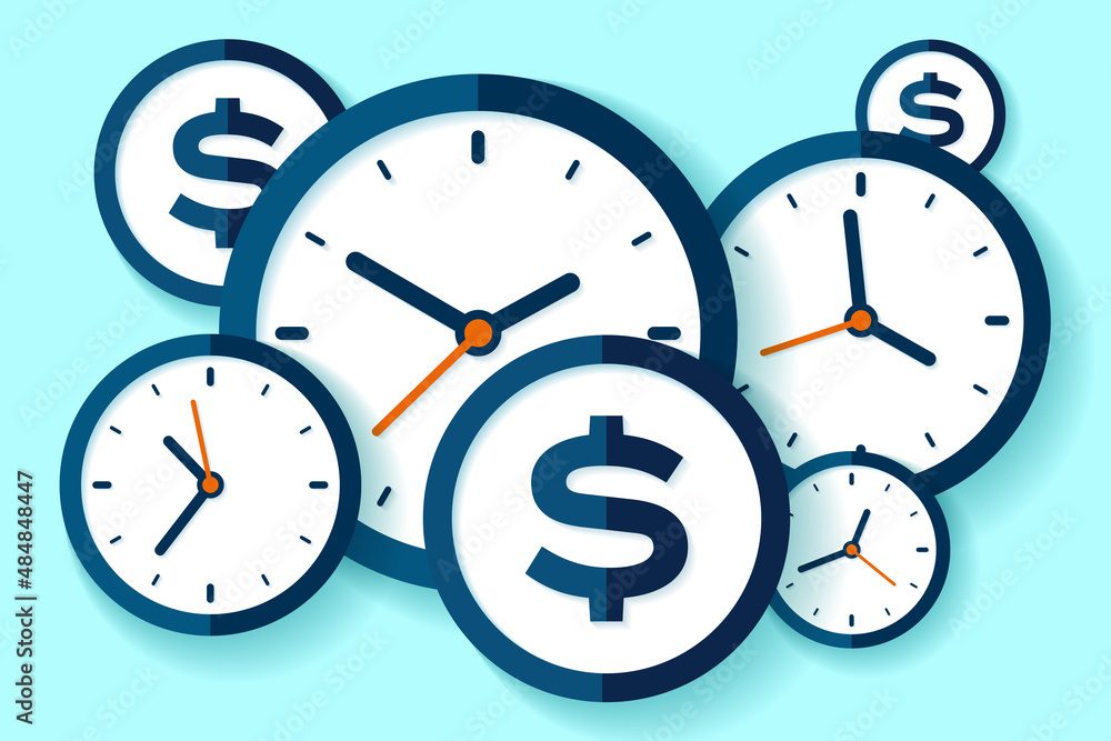Clock and dollar icons in flat style, timers and money sign on color background. Time management. More watch. Business vector illustration for you presentation Clock and dollar icons in flat style, timers and money sign on color background. Time management. More watch. Business vector illustration for you presentation