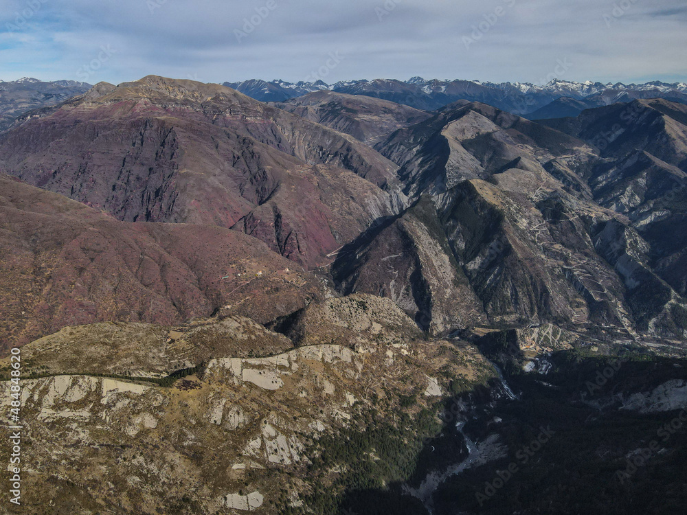 Aerial view of the mountains in the Mercantour and Esteron national parks in south France near Nice an Monaco