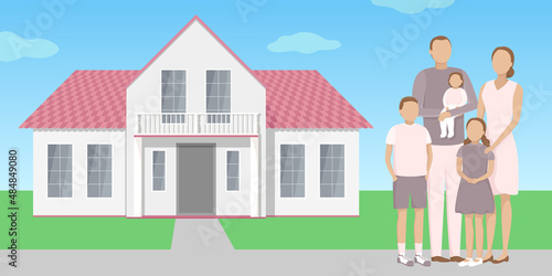 Family standing hear their house. Vector illustration. © Vector DSGNR