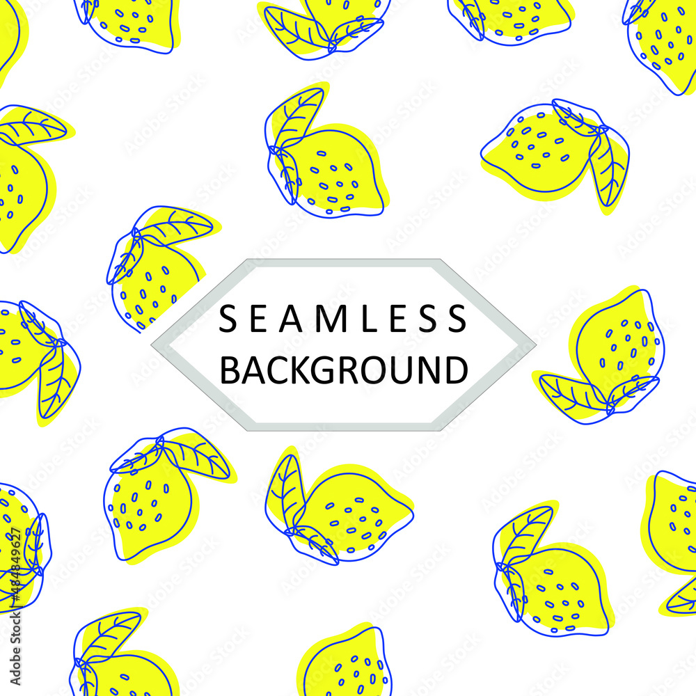 Seamless background. Lemon blue line with offset yellow fill on white background. Wallpapers, invitations, postcards, scrapbooking, web graphics, decorations, advertising, paper, fabric, packaging.