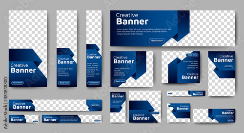 set of creative web banners of standard size with a place for photos. Gradient Blue. Business ad banner. Vertical, horizontal and square template. 
