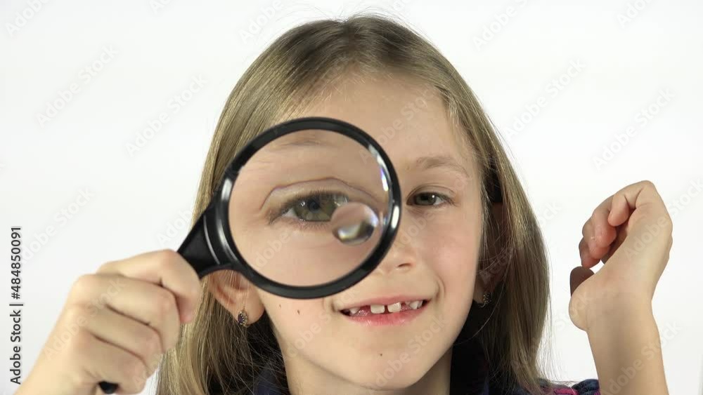 Kid Playing with Magnifier Glass, Child Make Faces at School, Funny Girl Eyes in Eyeglasses, Happy Children Education Kid Playing with Magnifier Glass, Child Make Faces at School, Funny Girl Eyes in Eyeglasses, Happy Children Education