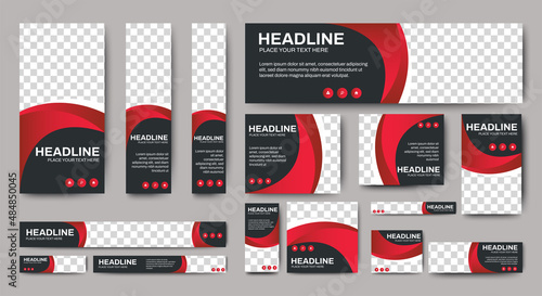 set of creative web banners of standard size with a place for photos. Gradient black and red. Business ad banner. Vertical, horizontal and square template. 