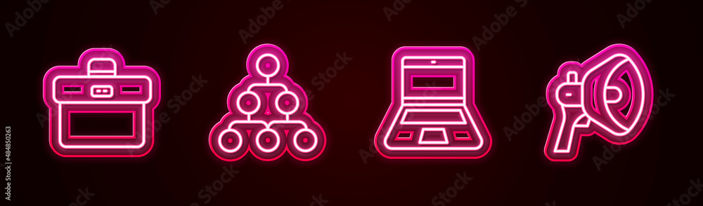 Set line Briefcase, Hierarchy organogram chart, Laptop and Megaphone. Glowing neon icon. Vector