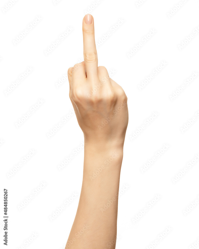 Female hand show middle finger on white background Female hand show middle finger on white background