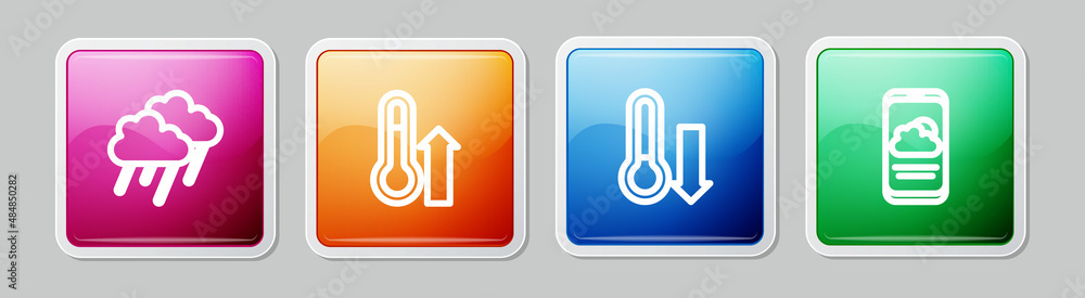 Set line Cloud with rain, Meteorology thermometer, and Weather forecast. Colorful square button. Vector Set line Cloud with rain, Meteorology thermometer, and Weather forecast. Colorful square button. Vector