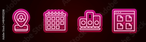 Set line Worker location, Calendar, Ranking star and Browser files. Glowing neon icon. Vector