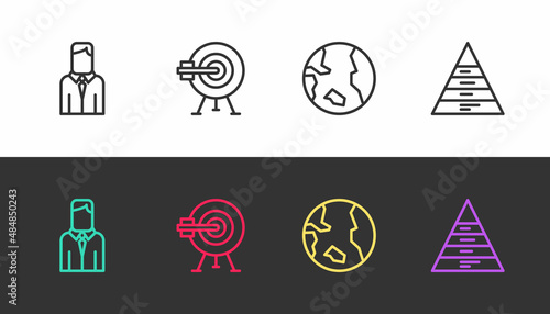 Set line Worker, Target with arrow, Earth globe and Pyramid chart infographics on black and white. Vector