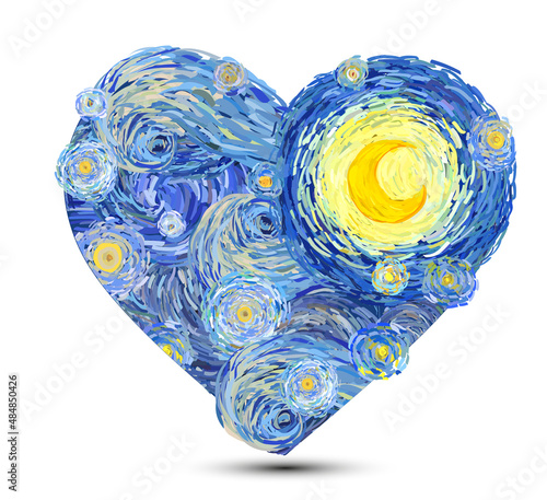 Heart shape of glowing yellow moon on a starry sky isolated on white background. Vector illustration in the impressionist style.