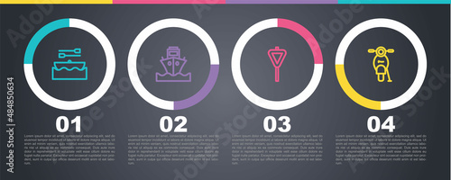 Set line Boat with oars, Cargo ship, Road traffic signpost and Scooter. Business infographic template. Vector