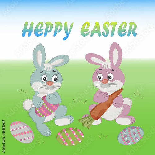 Happy Easter poster with bunnies. Vector illustration.
