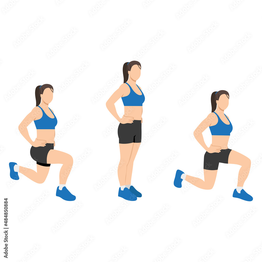 Woman doing front and back lunges exercise. Flat vector illustration isolated on white background Woman doing front and back lunges exercise. Flat vector illustration isolated on white background
