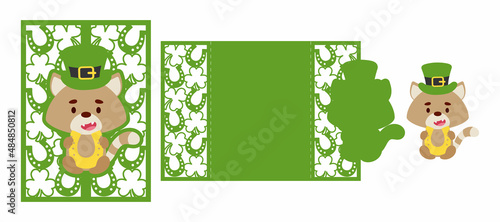 St. Patrick's Day cat laser cutting invitation card template. Paper cut out silhouette for plotter and silk screen printing. Vector stock illustration.