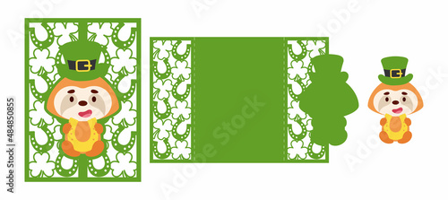 St. Patrick's Day sloth laser cutting invitation card template. Paper cut out silhouette for plotter and silk screen printing. Vector stock illustration.
