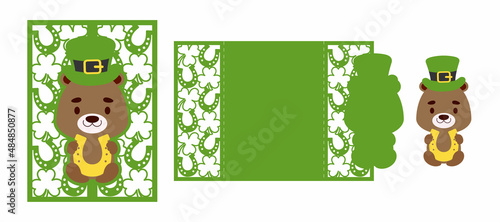 St. Patrick's Day otter laser cutting invitation card template. Paper cut out silhouette for plotter and silk screen printing. Vector stock illustration.