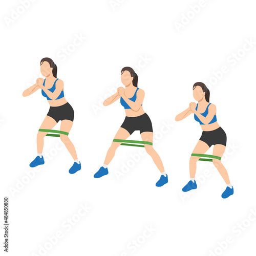 Woman doing lateral band walk exercise. Flat vector illustration isolated on white background