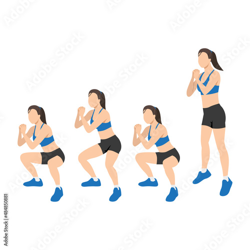 Woman doing double pulse squat jump exercise. Flat vector illustration isolated on white background