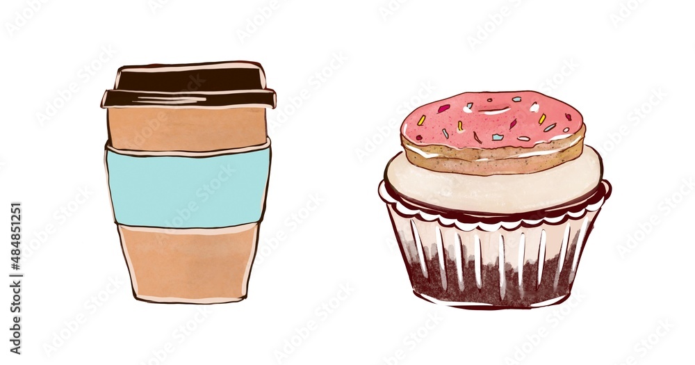 Craft coffee cup with cupcake. Cartoon style isolated on white background Craft coffee cup with cupcake. Cartoon style isolated on white background