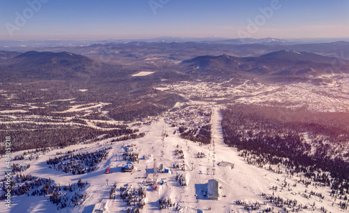 Sheregesh ski lift resort winter, landscape mountain and hotels, aerial top view Russia Kemerovo region