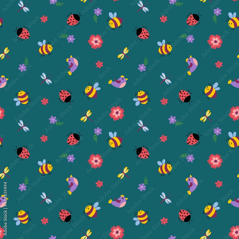 Spring seamless pattern. Birds, bees, dragonflies, ladybugs and flowers. Endless textures for your design.