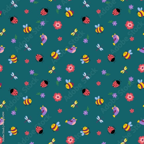 Spring seamless pattern. Birds  bees  dragonflies  ladybugs and flowers. Endless textures for your design.