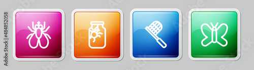Set line Insect fly, Spider in jar, Butterfly net and . Colorful square button. Vector
