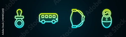 Set line Baby dummy pacifier, Bus toy, Bow and Tumbler doll. Glowing neon icon. Vector