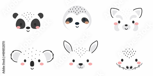 Cute collection of cartoon animal faces. Party decor for children. Childish print for cards, stickers, invitation, nursery decoration. Vector illustration.