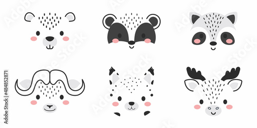 Cute collection of cartoon animal faces. Party decor for children. Childish print for cards, stickers, invitation, nursery decoration. Vector illustration.