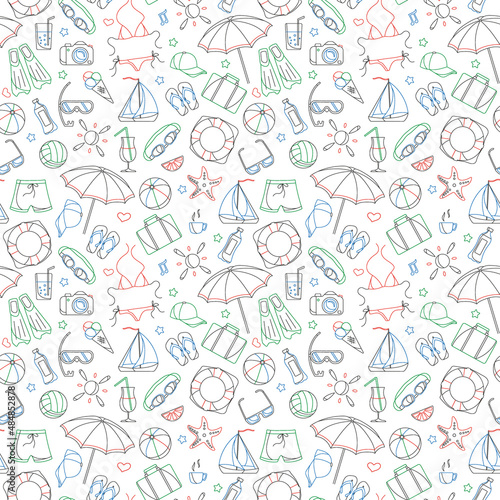 Seamless pattern on the theme of summer holidays in hot countries, simple contour icons are drawn with colored markers on white background