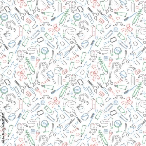 Seamless pattern on the theme of the Barber shop, the tools and accessories of the hairdresser,simple contour icons are drawn with colored markers on white background