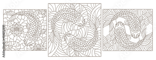 Set contour illustrations of stained glass with gold fish , black contour on white background