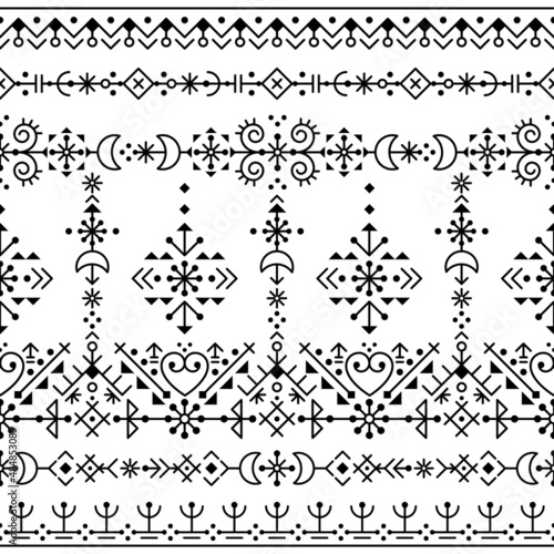 Icelandic style tribal line art vector seamless patten with hearts, moons and geometric shapes, textile or fabric print design inspired by Viking rune ornamnets
