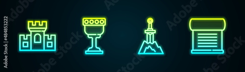 Set line Castle, fortress, Medieval goblet, Sword in the stone and Decree, parchment, scroll. Glowing neon icon. Vector