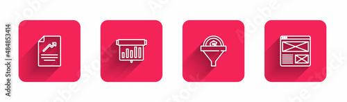 Set line Document with graph chart, Board, Lead management and Browser window with long shadow. Red square button. Vector