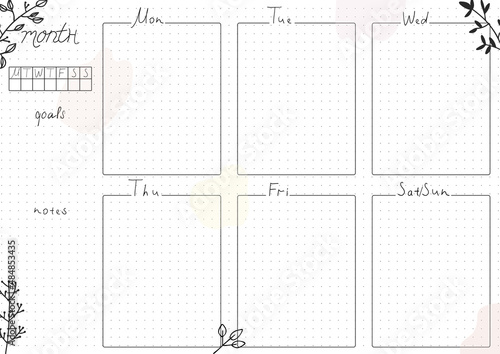Printable A4 paper sheet, bullet journal page with hand drawn flowers and blank week planner, goals, events. Cute planner for daily planner template, blank for notebook.